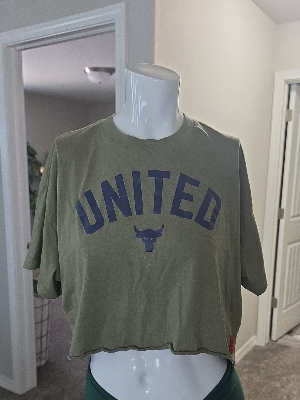 Under Armour Olive Green Crop Top with Navy "UNITED" Graphic